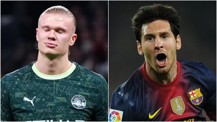 Erling Haaland of Manchester City and Lionel Messi during a Barcelona match.