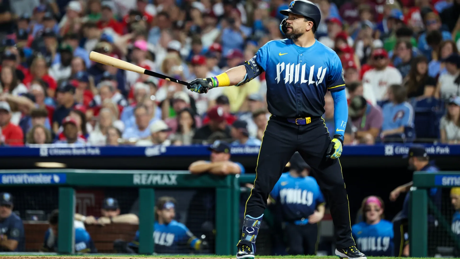 Kyle Schwarber #12 of the Philadelphia Phillies goes to bat. Isaiah Vazquez/Getty Images