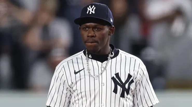 Jazz Chisholm Jr. #13 of the New York Yankees looks on during the game.