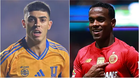 Juan Brunetta of Tigres and Helinho of Toluca.