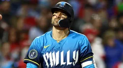 Nick Castellanos #8 of the Philadelphia Phillies reacts following an at bat.