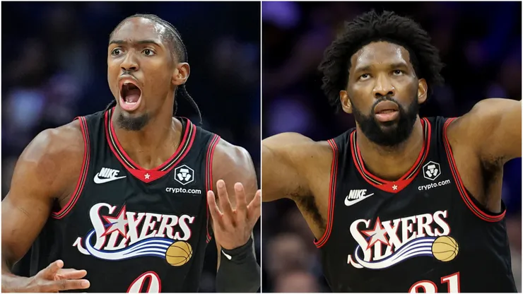 Tyrese Maxey and Joel Embiid of the Philadelphia 76ers.