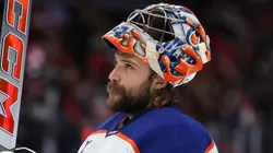 Goalie Stuart Skinner #74 with the Oilers looks on against the Capitals.