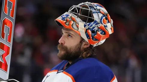 Goalie Stuart Skinner #74 with the Oilers looks on against the Capitals.