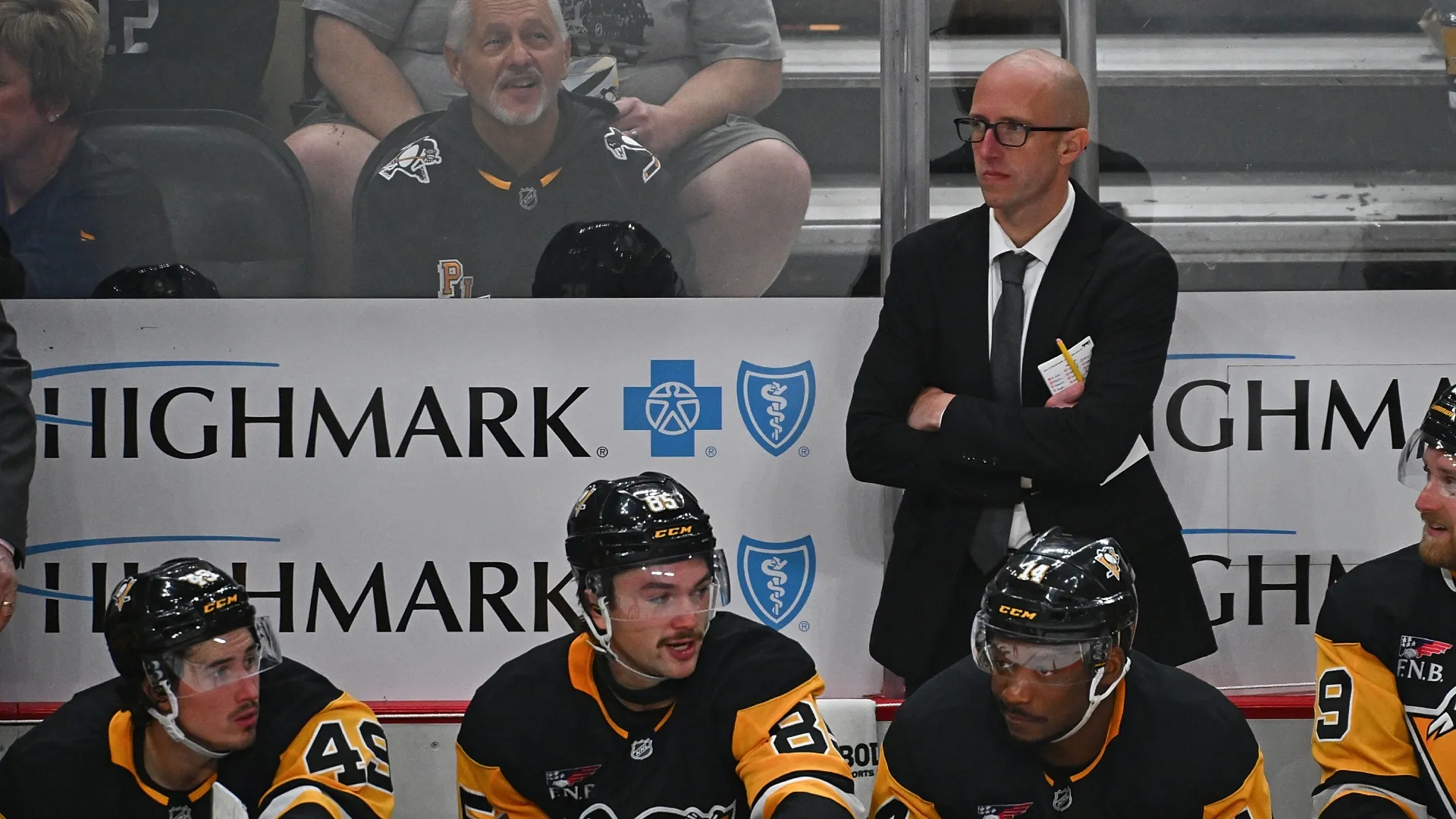 Head coach Dan Muse of the Pittsburgh Penguins looks on in the third period during the game. Justin Berl/Getty Images