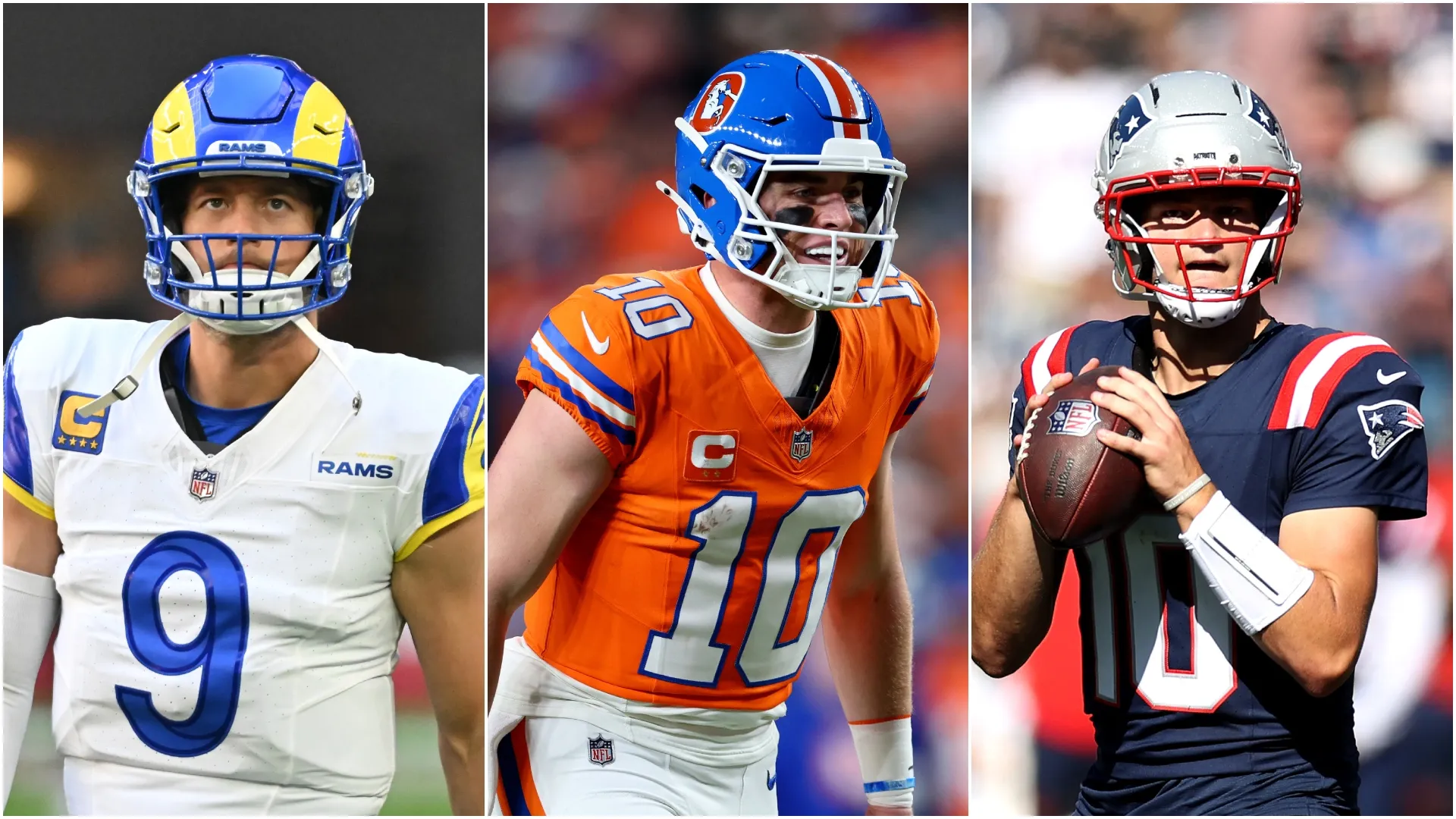 Matthew Stafford (left), Bo Nix (middle), and Drake Maye (right)