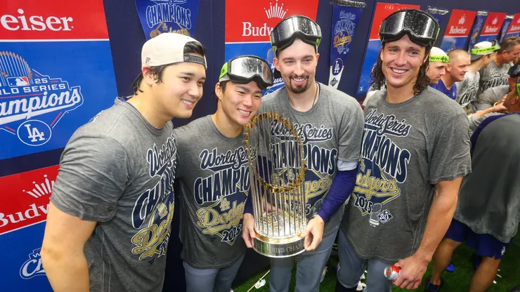 Shohei Ohtani #17, Yoshinobu Yamamoto #18, Blake Snell #7, and Tyler Glasnow #31 of the Los Angeles Dodgers.