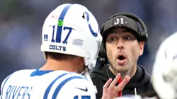 Philip Rivers and head coach Shane Steichen speak during the third quarter on December 14, 2025 in Seattle.