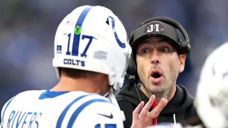 Philip Rivers and head coach Shane Steichen speak during the third quarter on December 14, 2025 in Seattle.