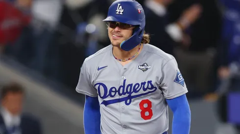 Enrique Hernández #8 of the Los Angeles Dodgers reacts.
