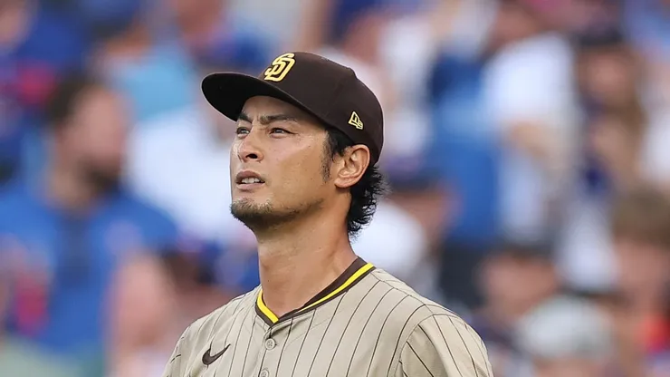Yu Darvish reacts after allowing a double on October 02, 2025 in Chicago.