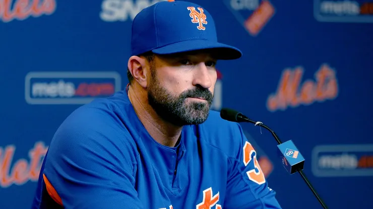Former manager Mickey Callaway #36 of the New York Mets answers questions during a press conference.