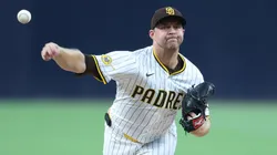 Michael King #34 of the San Diego Padres pitches during the first inning of a game.