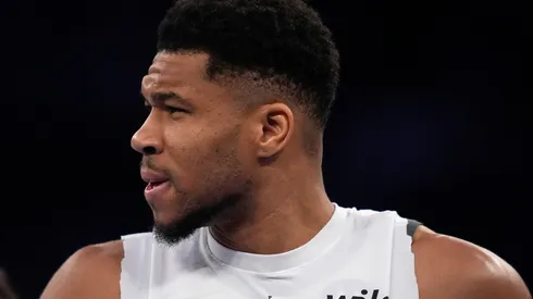 Giannis Antetokounmpo #34 of the Milwaukee Bucks warms up.