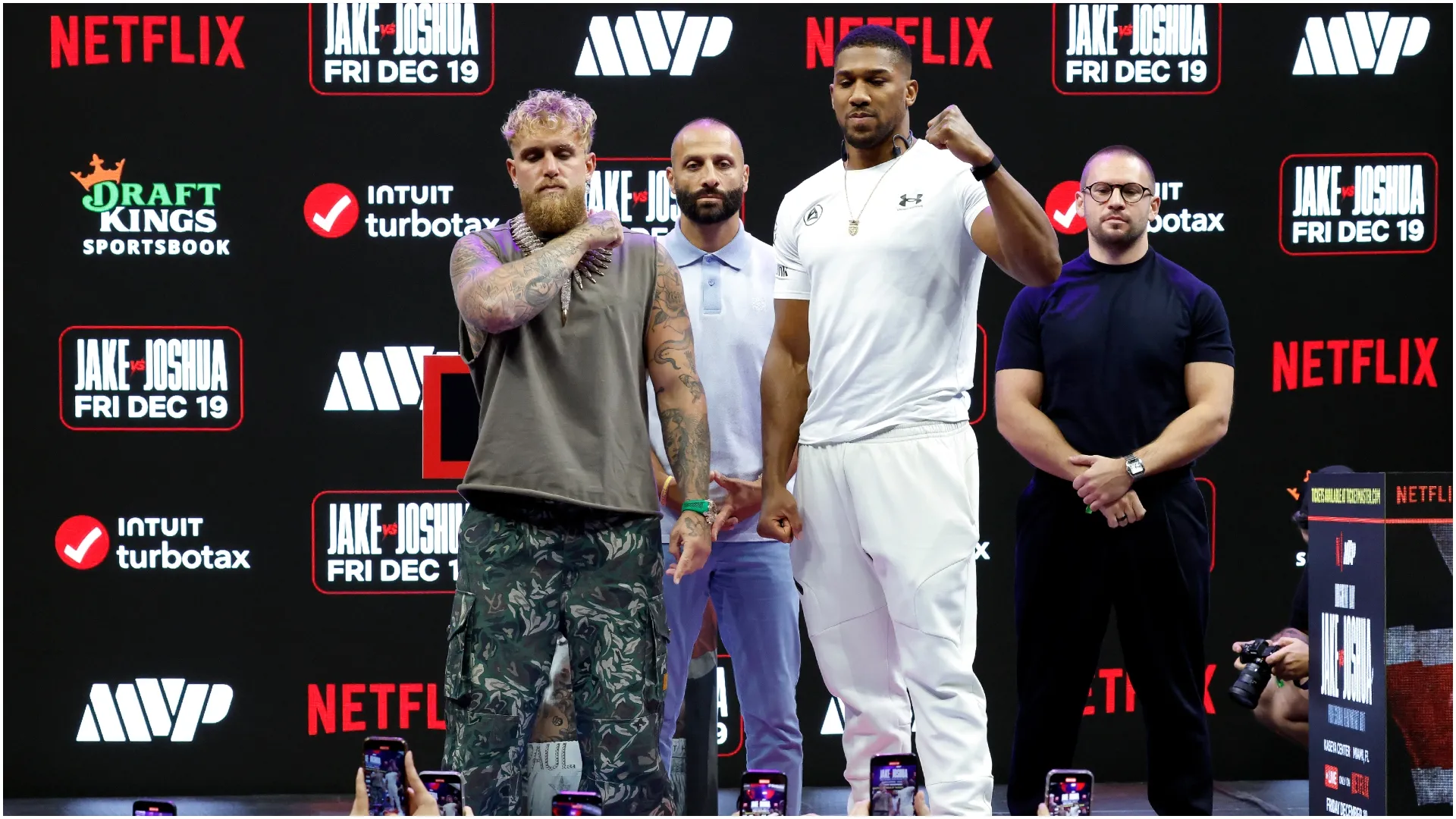 Jake Paul and Anthony Joshua pose during a press conference – Eva Marie Uzcategui/Getty Images