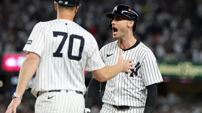 Cody Bellinger #35 of the New York Yankees celebrates after hitting a single. Al Bello/Getty Images