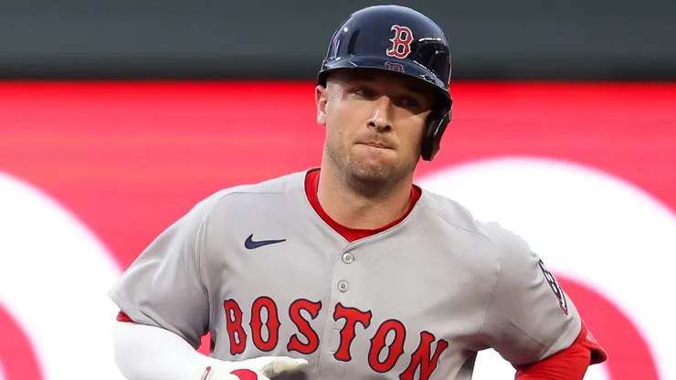 Alex Bregman #2 with the Red Sox runs the bases after hitting a home run.