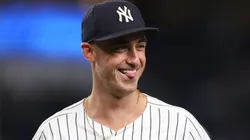 Cody Bellinger (#35) of the New York Yankees reacts after throwing out a runner.