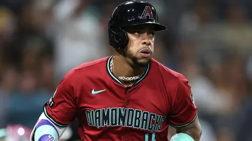 Ketel Marte #4 of the Arizona Diamondbacks reacts after hitting a solo homerun.