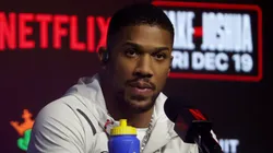 Anthony Joshua speaks on during a press conference.