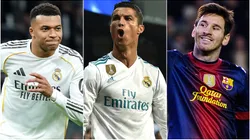 Kylian Mbappe and Cristiano Ronaldo during a Real Madrid match and Lionel Messi during a Barcelona match.