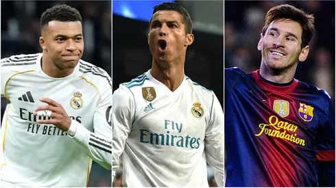 Kylian Mbappe and Cristiano Ronaldo during a Real Madrid match and Lionel Messi during a Barcelona match.