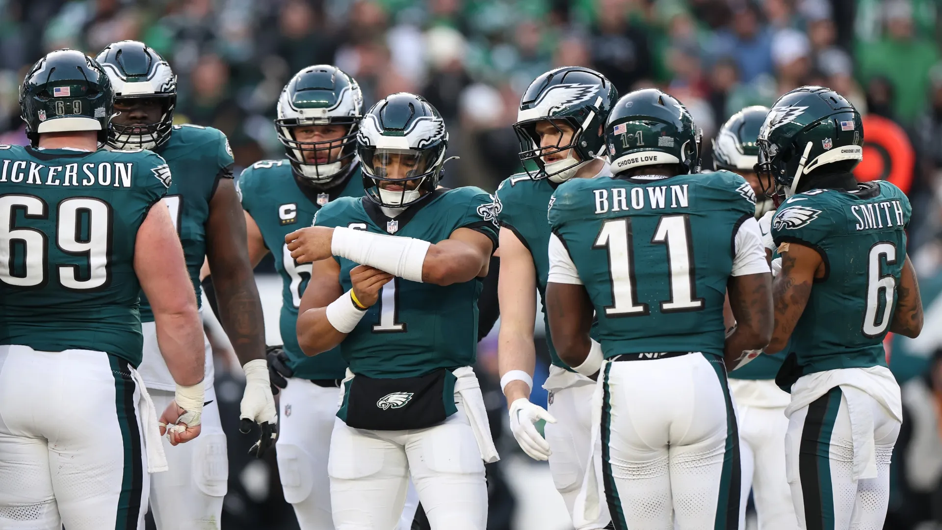 Jalen Hurts #1 of the Philadelphia Eagles in 2025 (Source: Emilee Chinn/Getty Images)