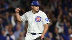 Brad Keller #40 of the Chicago Cubs celebrates.