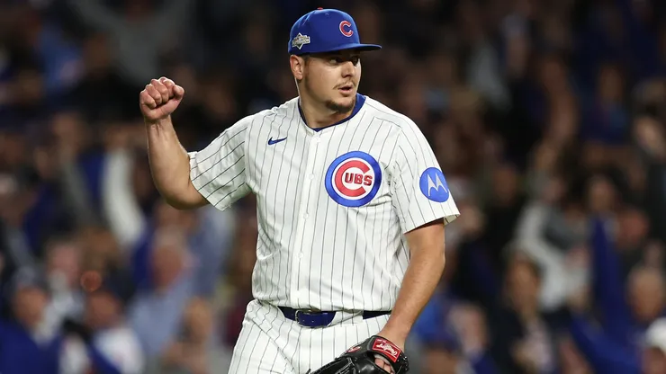 Brad Keller #40 of the Chicago Cubs celebrates.