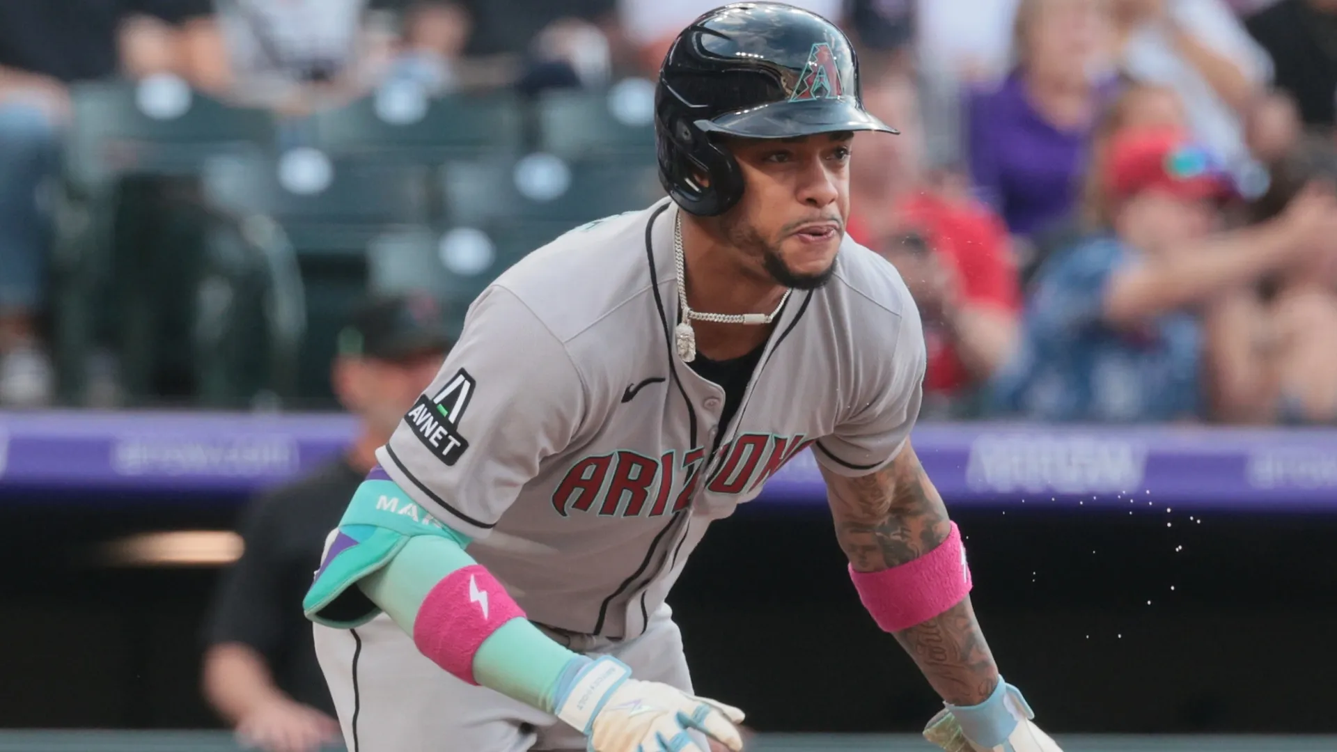 Ketel Marte #4 of the Arizona Diamondbacks spits as he hits a RBI double. C. Morgan Engel/Getty Images