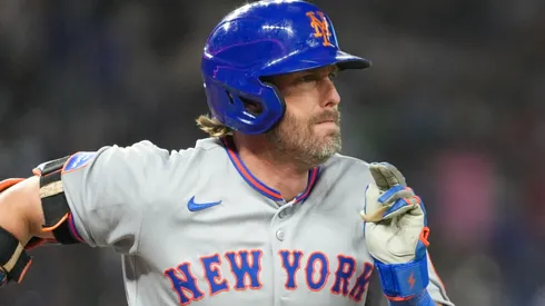 Jeff McNeil #1 with the New York Mets runs out a groundball.