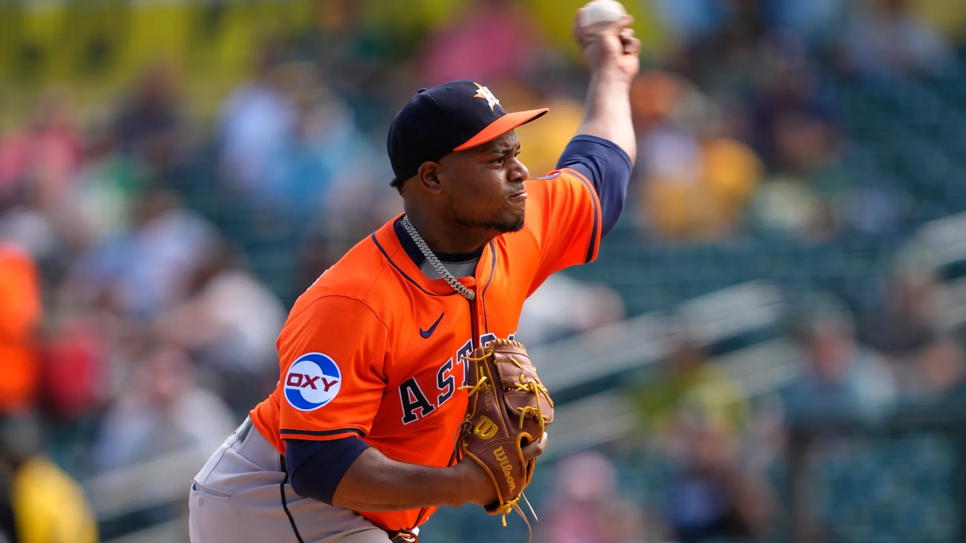 Framber Valdez #59 of the Astros pitches against the Athletics. Thearon W. Henderson/Getty Images