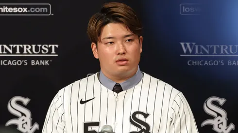 Munetaka Murakami #5 of the Chicago White Sox addresses the media.