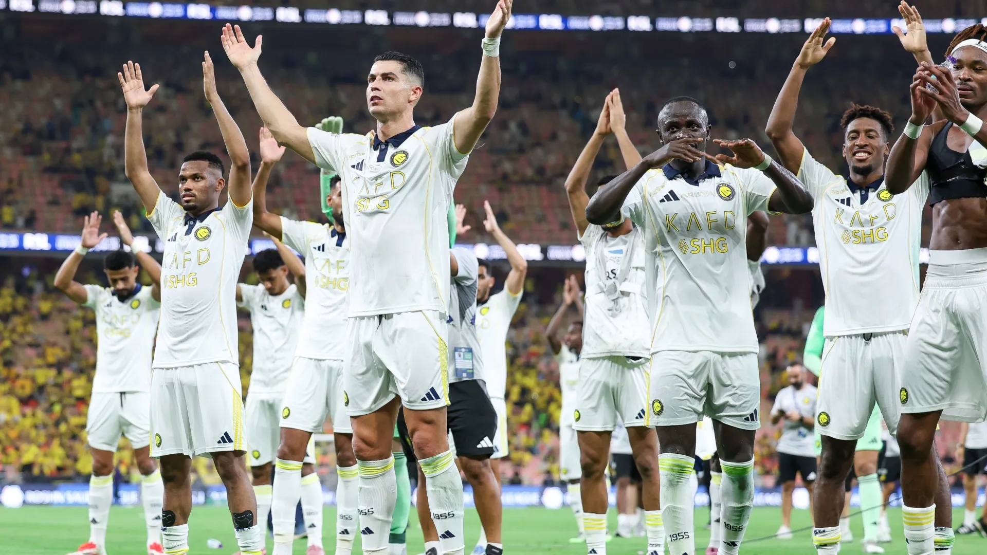 Cristiano Ronaldo and players of Al Nassr celebrates victory after winning the Saudi Pro League match. Yasser Bakhsh/Getty Images