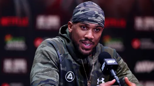 Anthony Joshua speaks at a press conference.