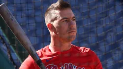 J.T. Realmuto #10 of the Philadelphia Phillies looks on during batting practice.