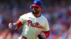 Kyle Schwarber #12 of the Philadelphia Phillies reacts.