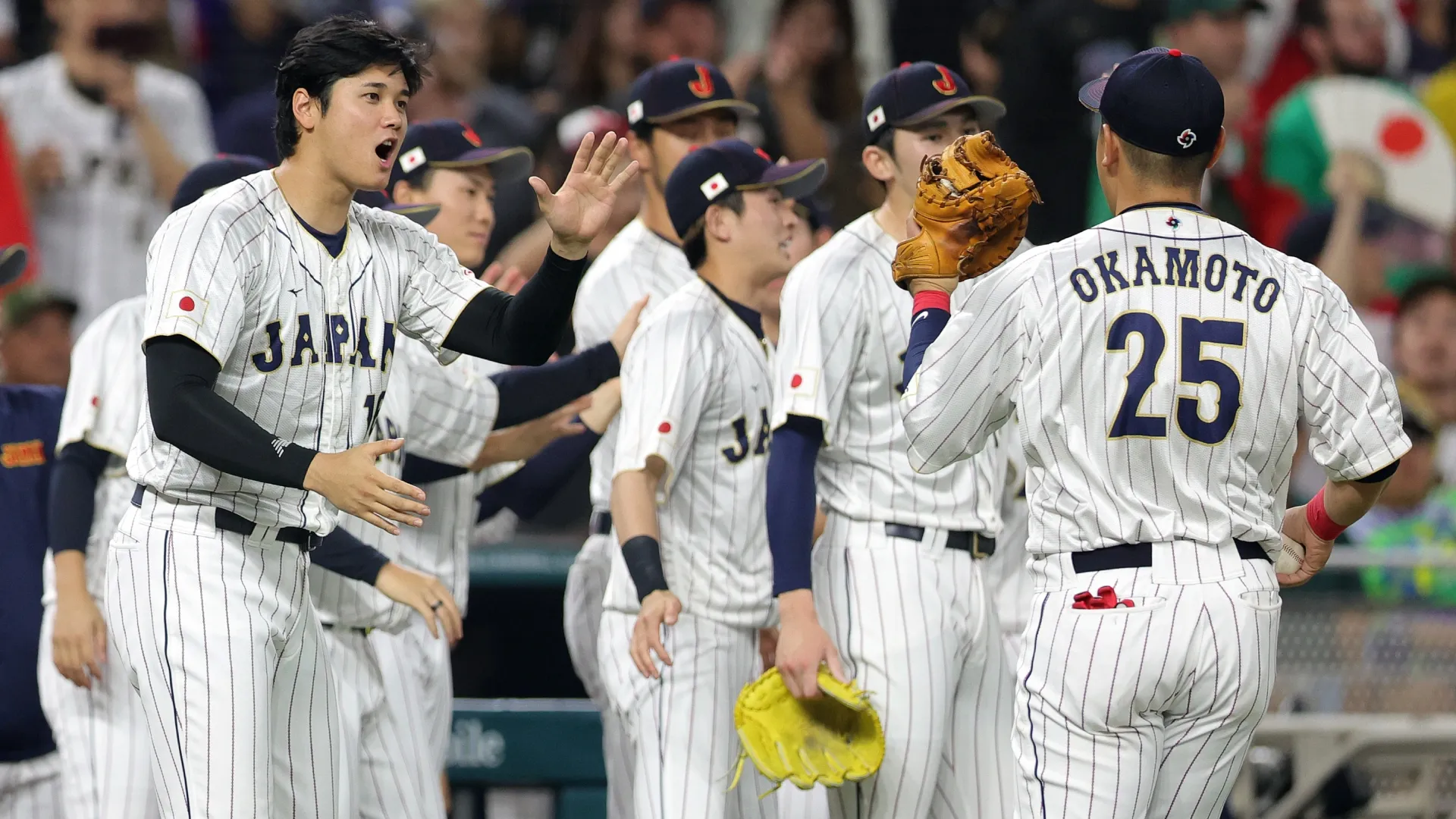 Kazuma Okamoto with Team Japan during the World Baseball Classic semifinals. Megan Briggs/Getty Images