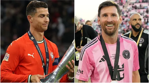 Cristiano Ronaldo with the Nations League trophy and Lionel Messi with the MLS Cup medal.
