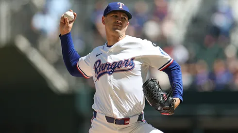 Tyler Mahle #51 of the Texas Rangers throws a pitch.