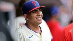 Ranger Suarez #55 of the Philadelphia Phillies smiles.