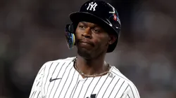 Jazz Chisholm Jr. #13 of the Yankees reacts after hitting a solo home run against the Blue Jays.