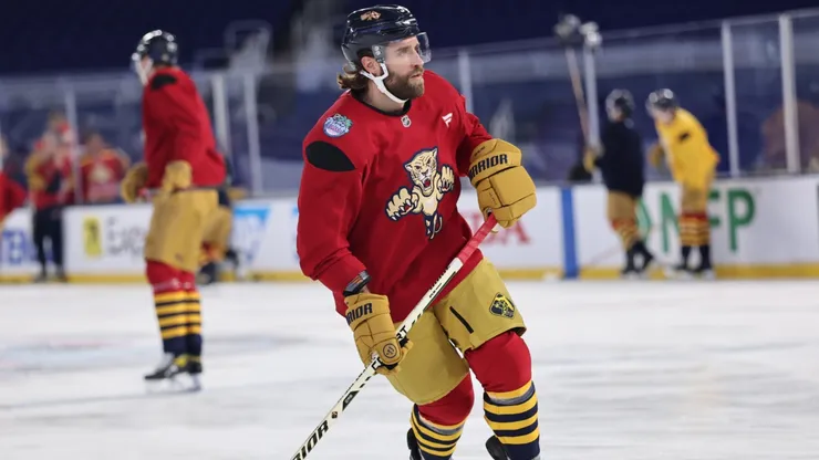 Aaron Ekblad #5 of the Florida Panthers practices prior to the 2026 Discover NHL Winter Classic.