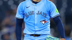 A detail of a Toronto Blue Jays jersey.