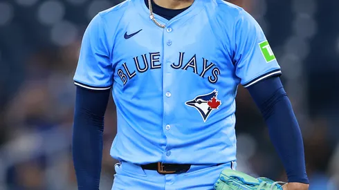 A detail of a Toronto Blue Jays jersey.