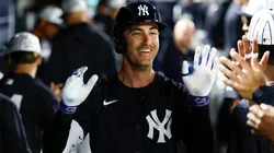 Cody Bellinger #35 of the New York Yankees celebrates in the dugout.