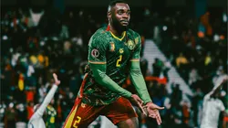 Junior Tchamadeu celebrates a goal for Cameroon.