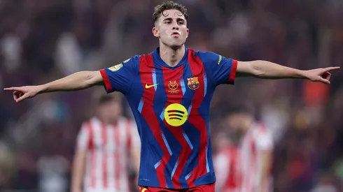 Fermin Lopez celebrates a goal for Barcelona.