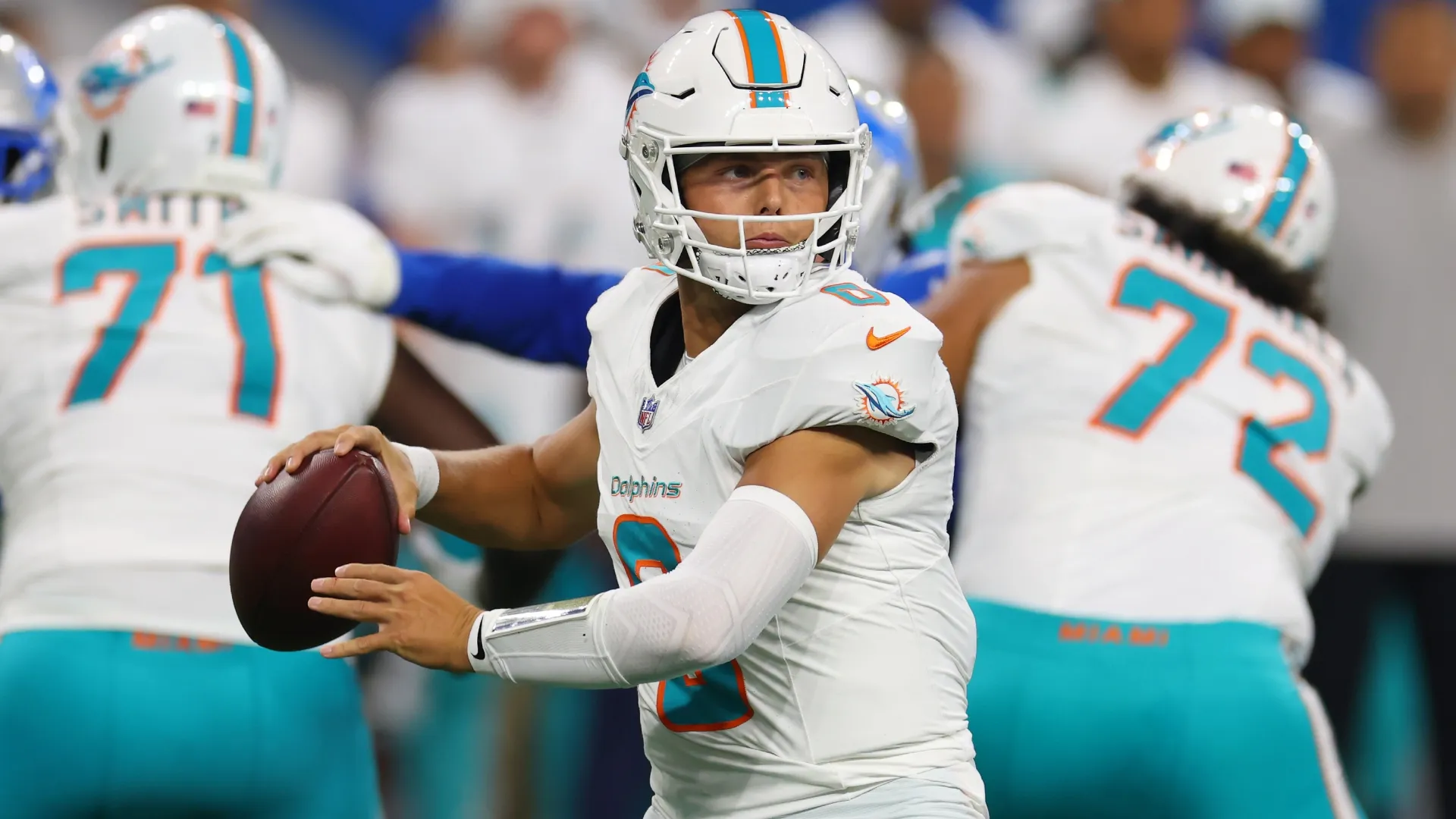 Zach Wilson #0 of the Miami Dolphins in 2025 (Source: Gregory Shamus/Getty Images)