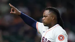 Framber Valdez #59 of the Houston Astros reacts.